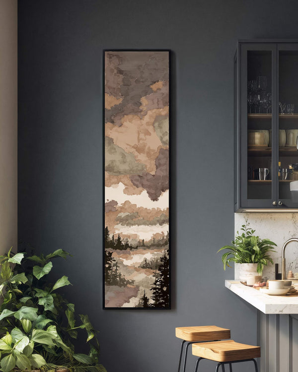Vertical canvas wall art in interior setting.