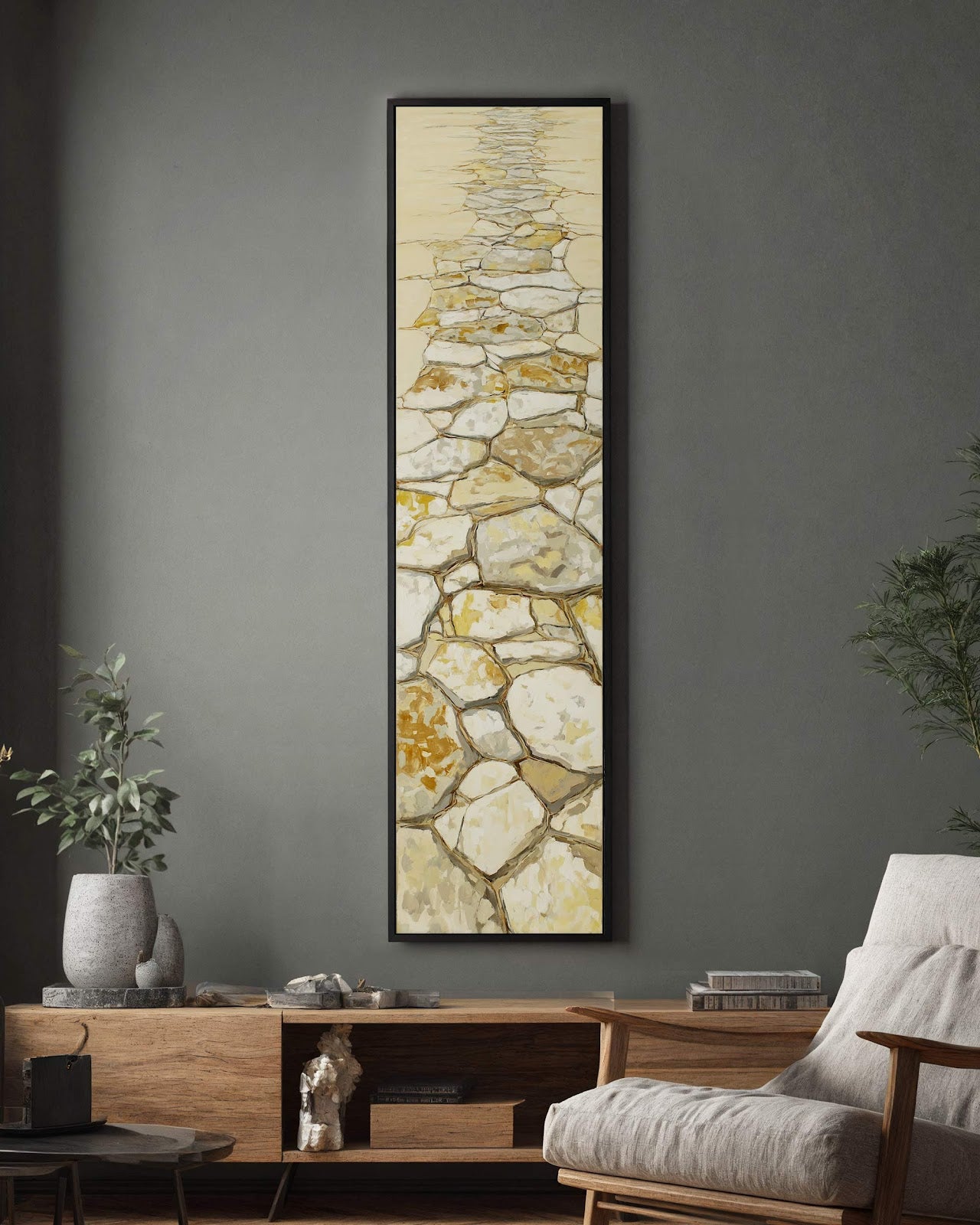 Vertical canvas wall art in interior setting.