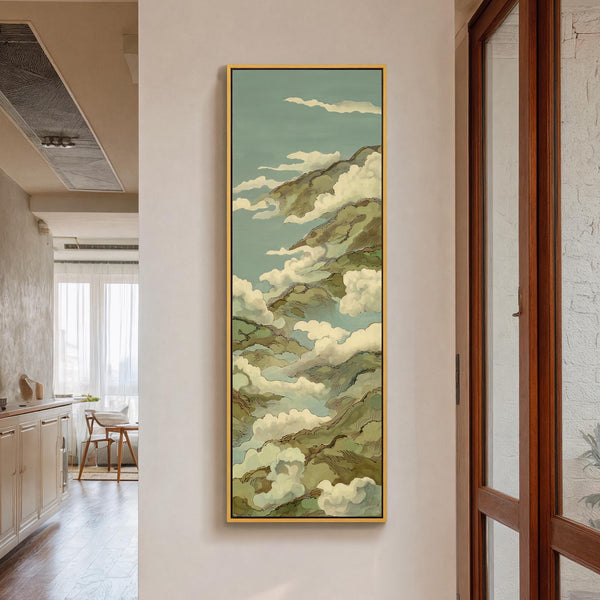 Vertical canvas wall art in interior setting.