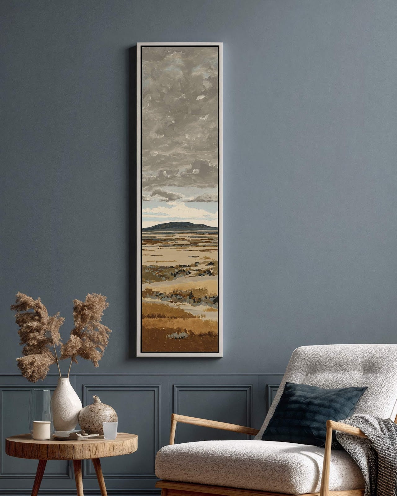 Vertical canvas wall art in interior setting.
