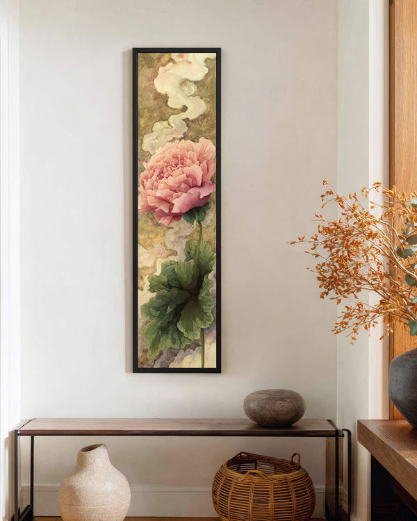 Vertical canvas wall art in interior setting.