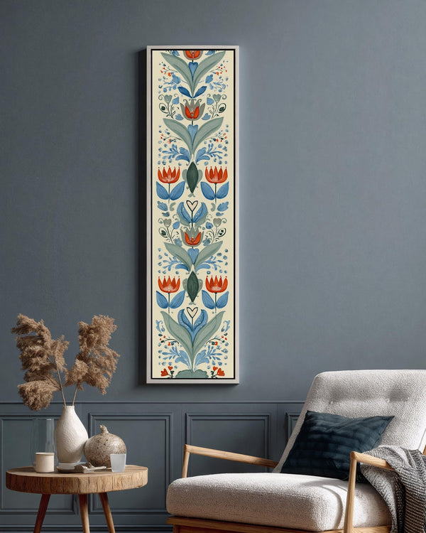 Vertical canvas wall art in interior setting.