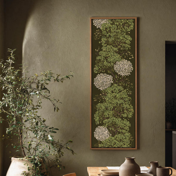 Vertical canvas wall art in interior setting.
