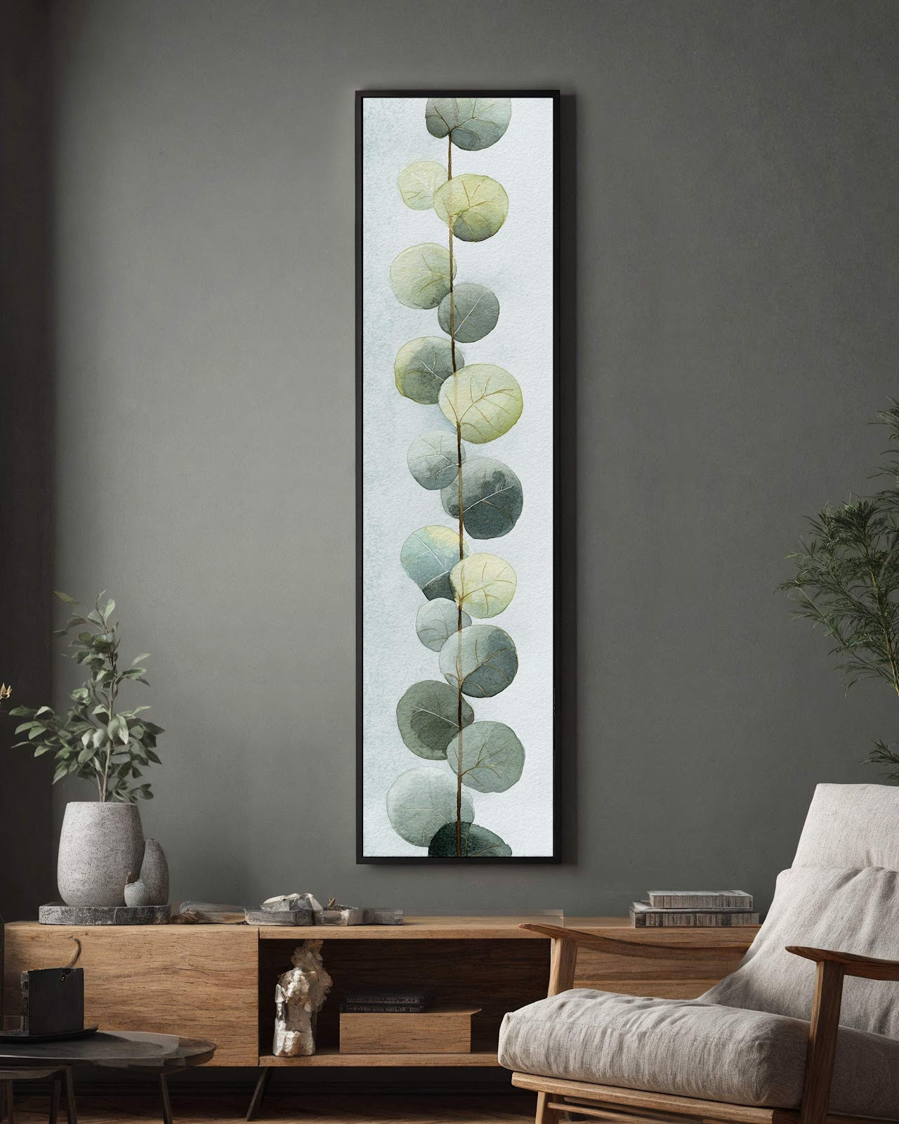 Vertical canvas wall art in interior setting.