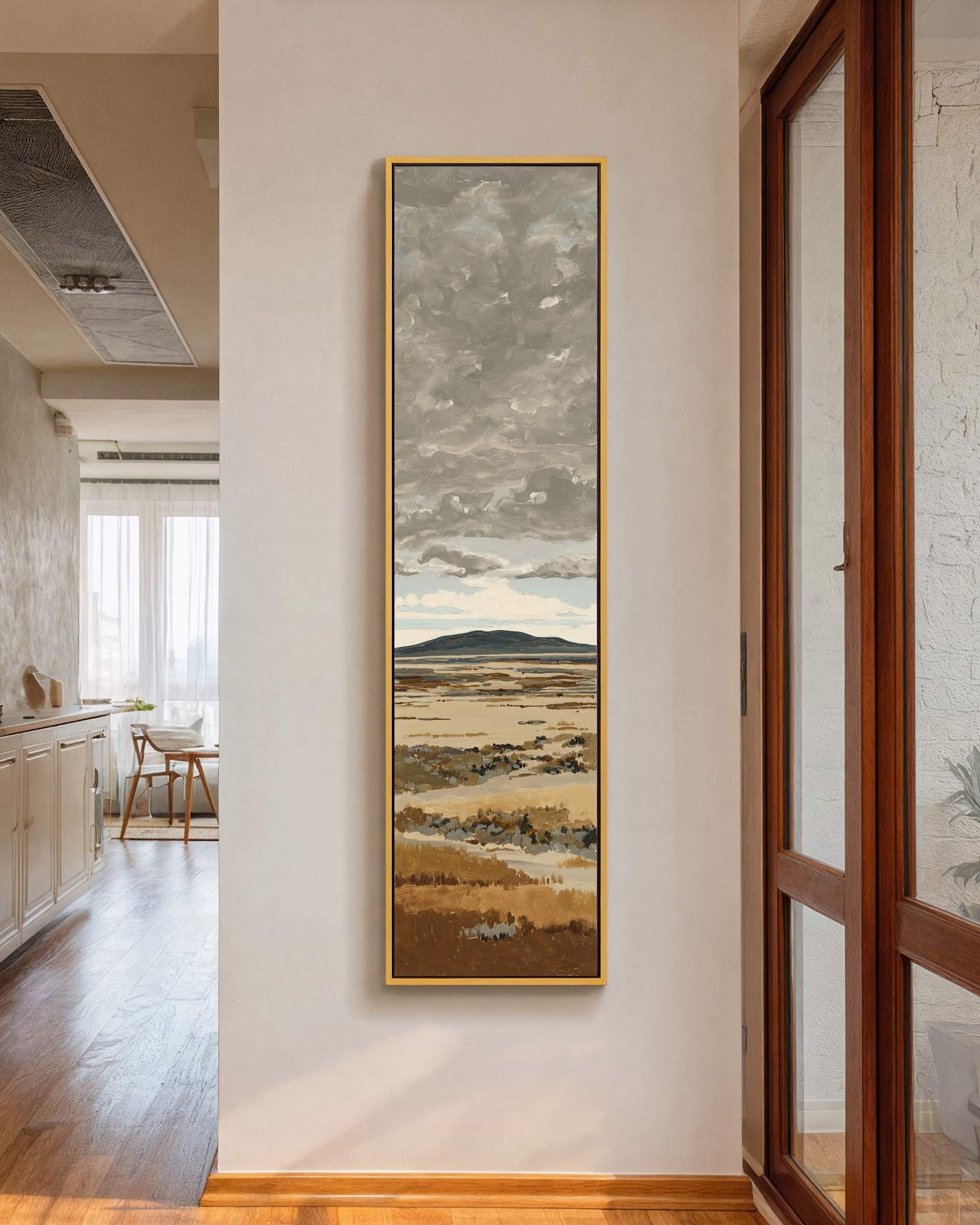 Vertical canvas wall art in interior setting.
