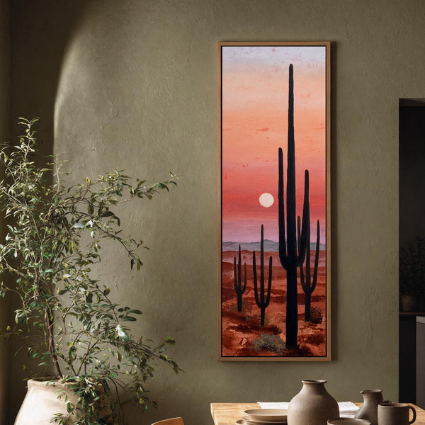 Vertical canvas wall art in interior setting.