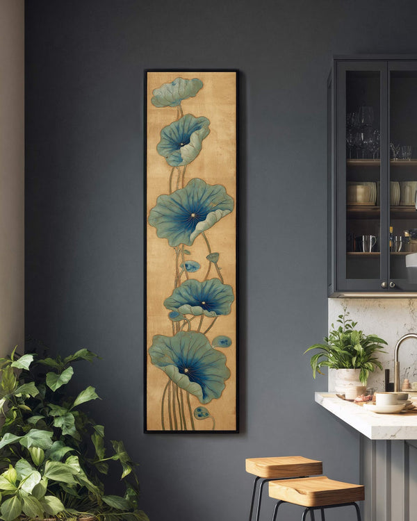Vertical canvas wall art in interior setting.