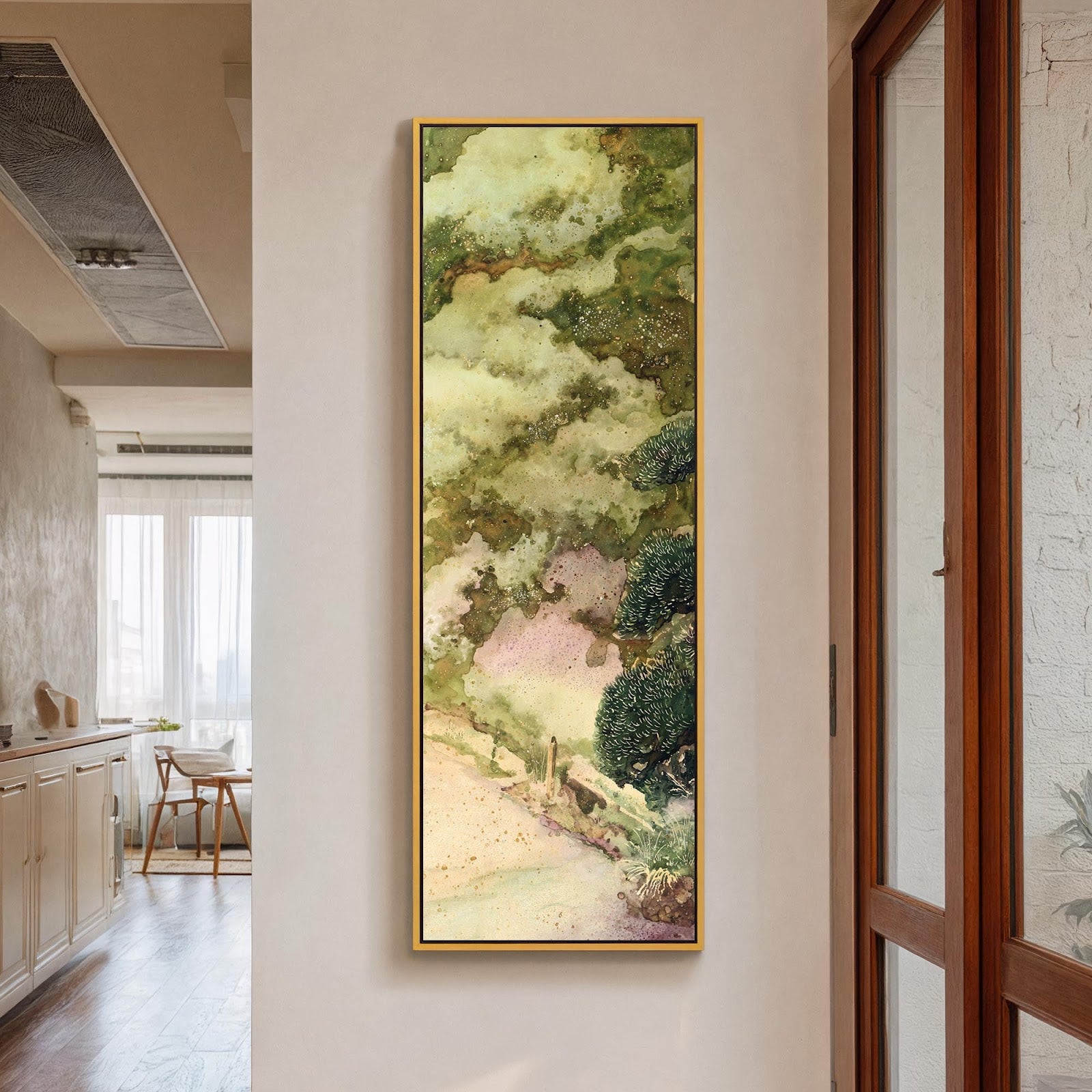 Vertical canvas wall art in interior setting.