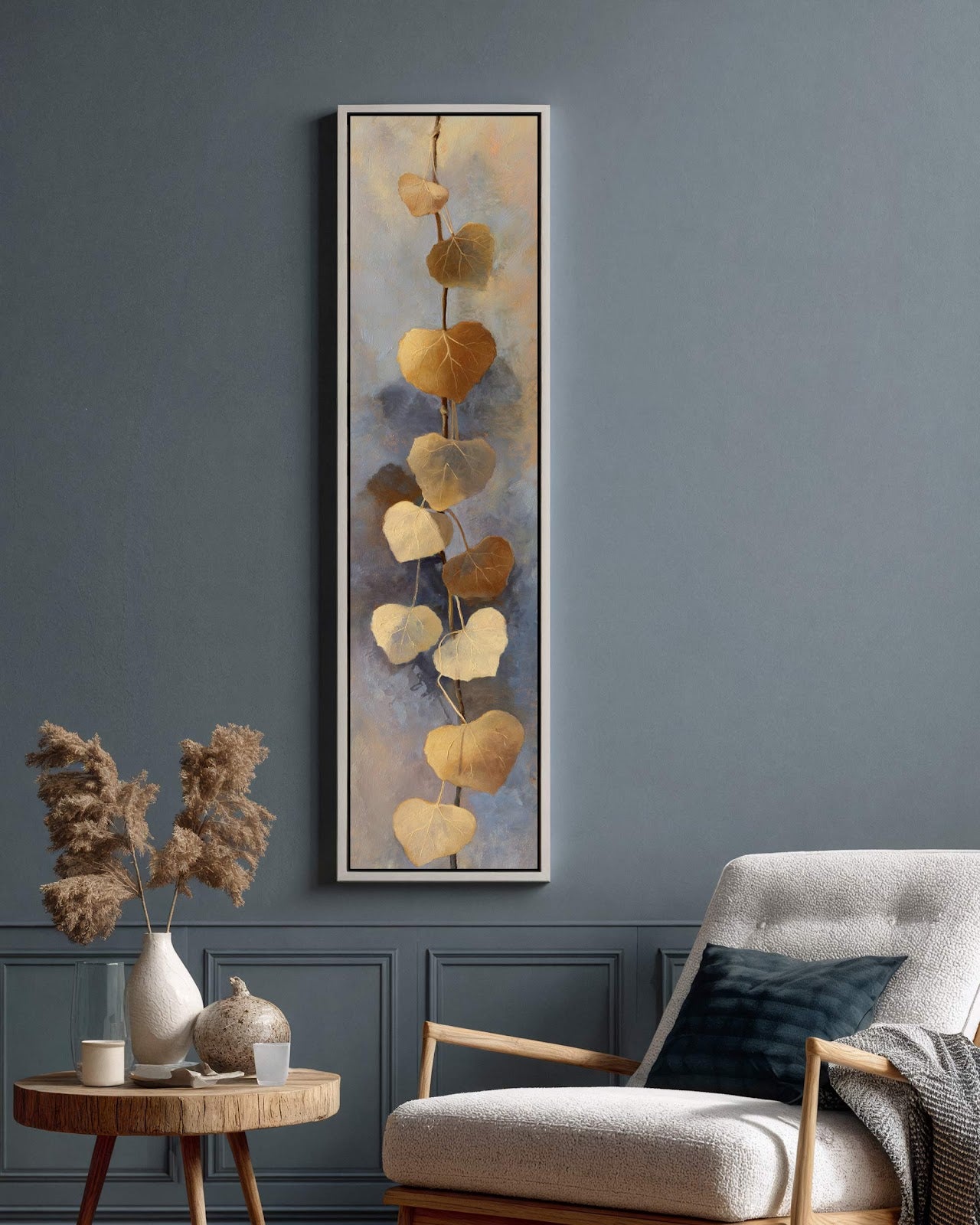 Vertical canvas wall art in interior setting.