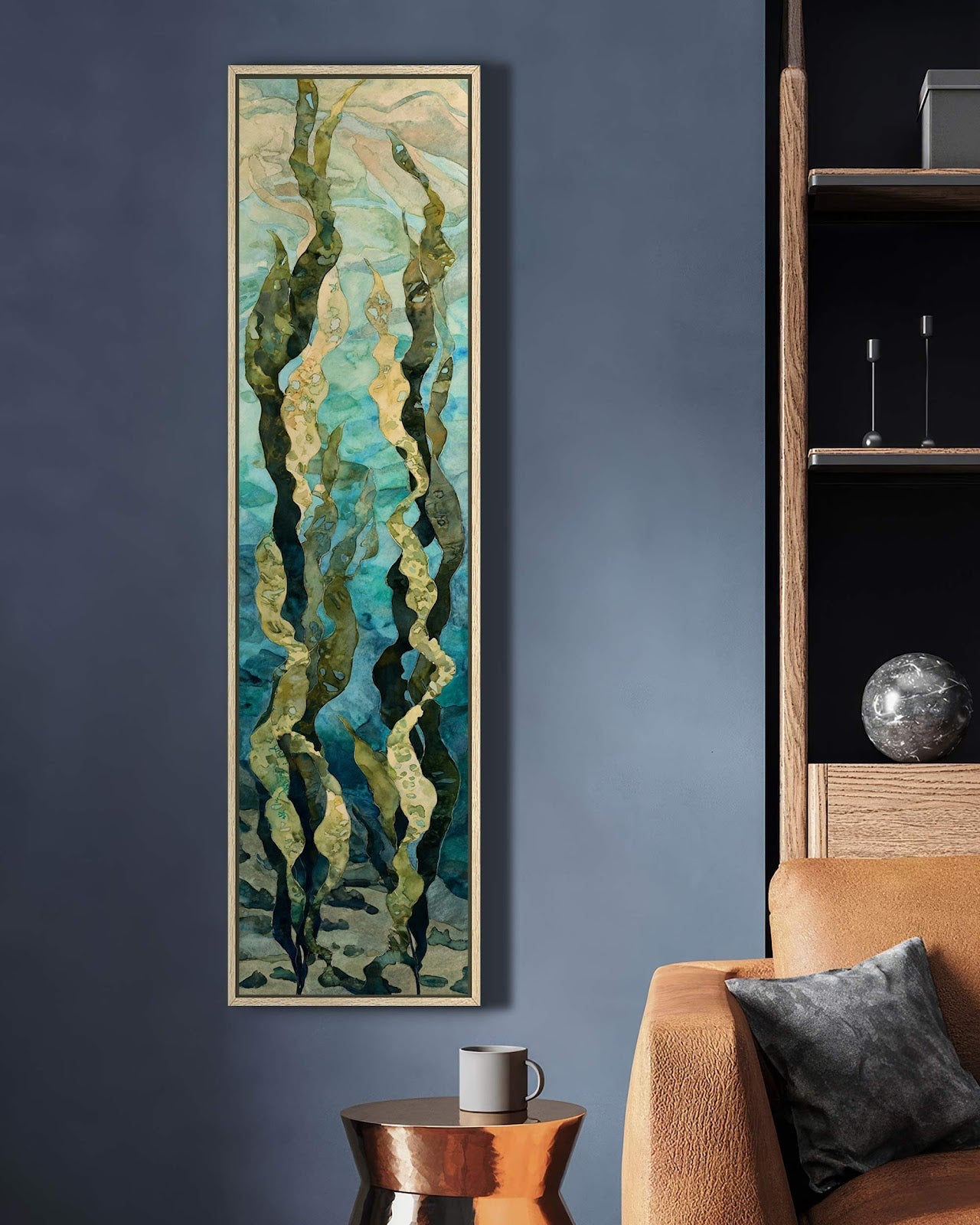 Vertical canvas wall art in interior setting.