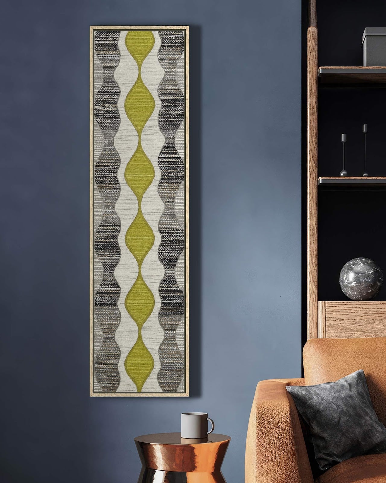 Vertical canvas wall art in interior setting.