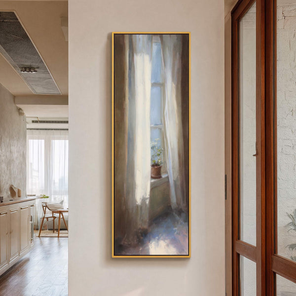 This vertical canvas wall art features a painterly depiction of light streaming through a window with sheer curtains, illuminating a potted plant on the sill. The style is impressionistic with.
