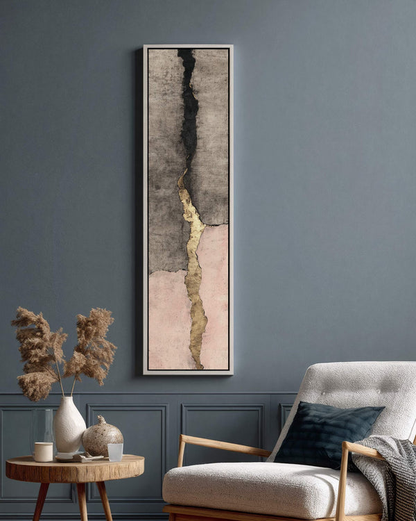 Vertical canvas wall art in interior setting.