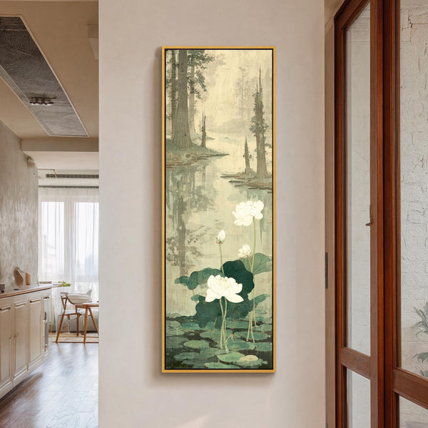 Vertical canvas wall art in interior setting.