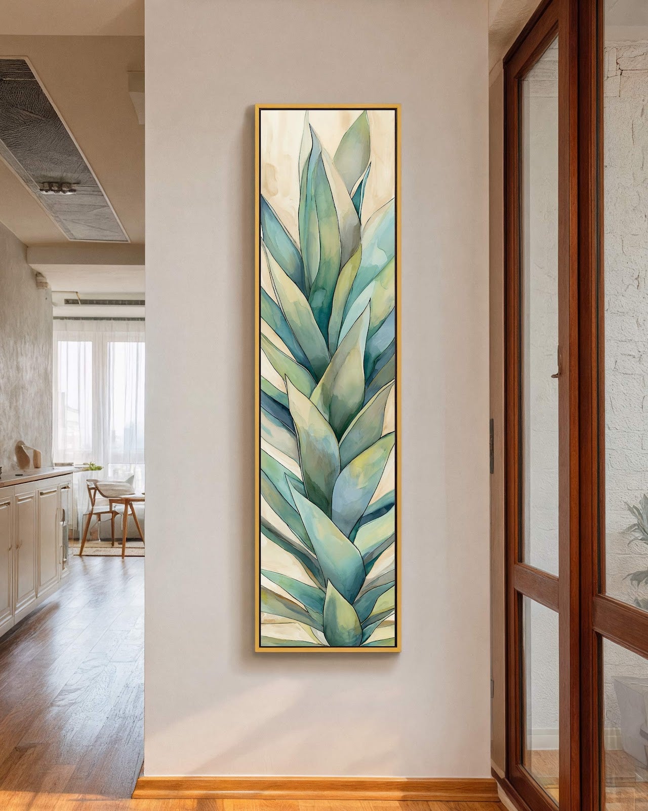 Vertical canvas wall art in interior setting.