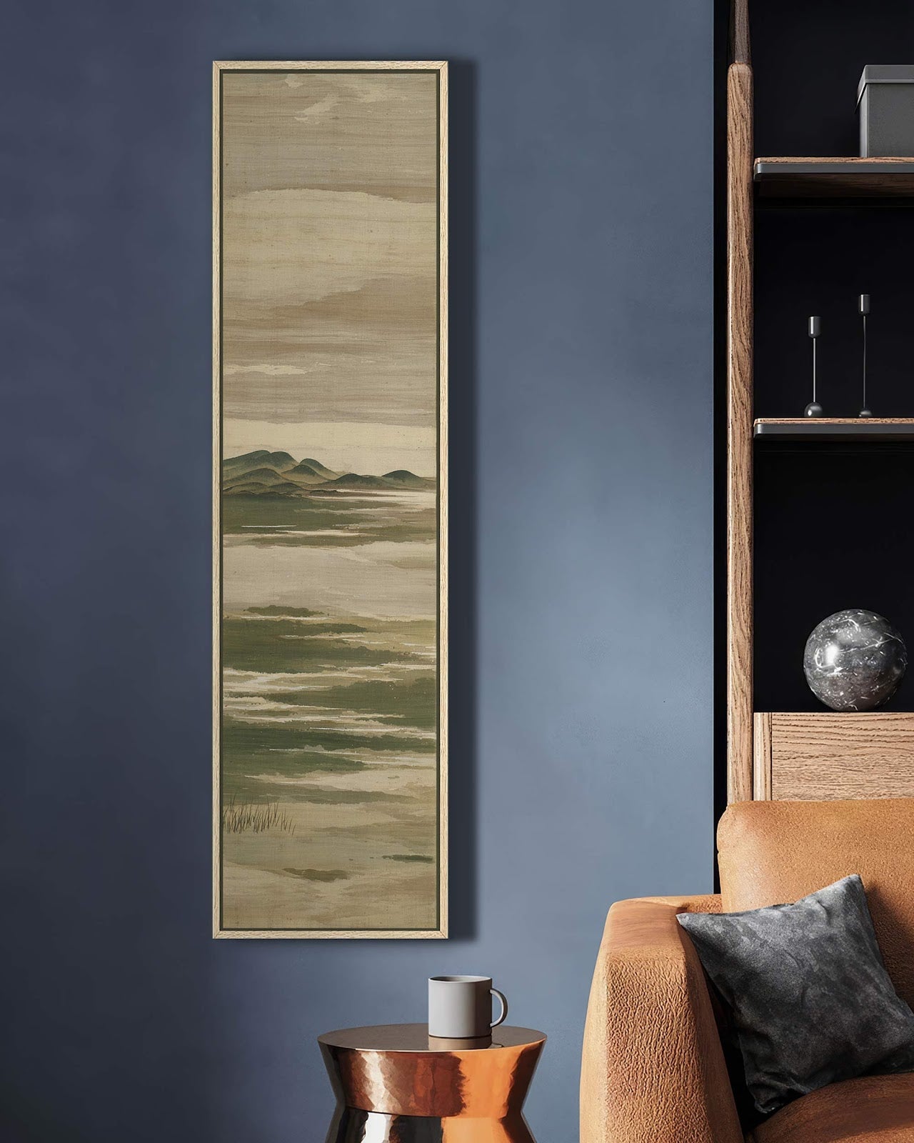 Vertical canvas wall art in interior setting.