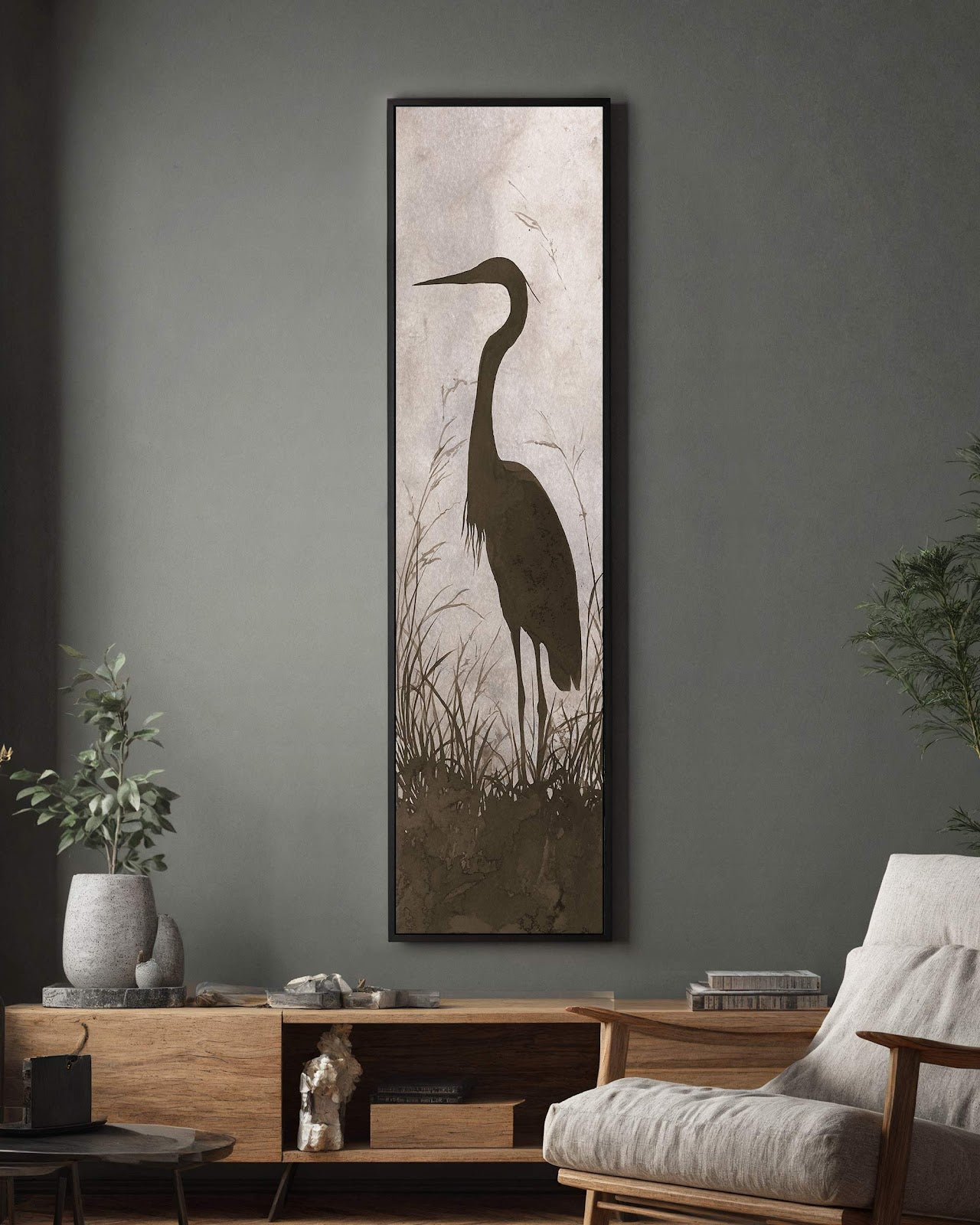 Vertical canvas wall art in interior setting.