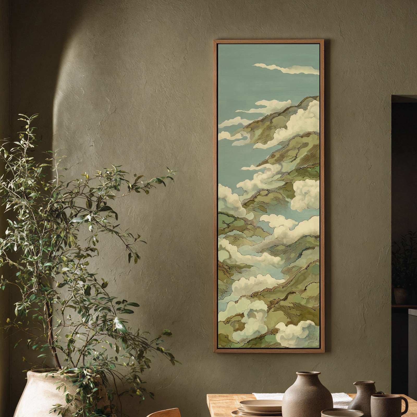 Vertical canvas wall art in interior setting.