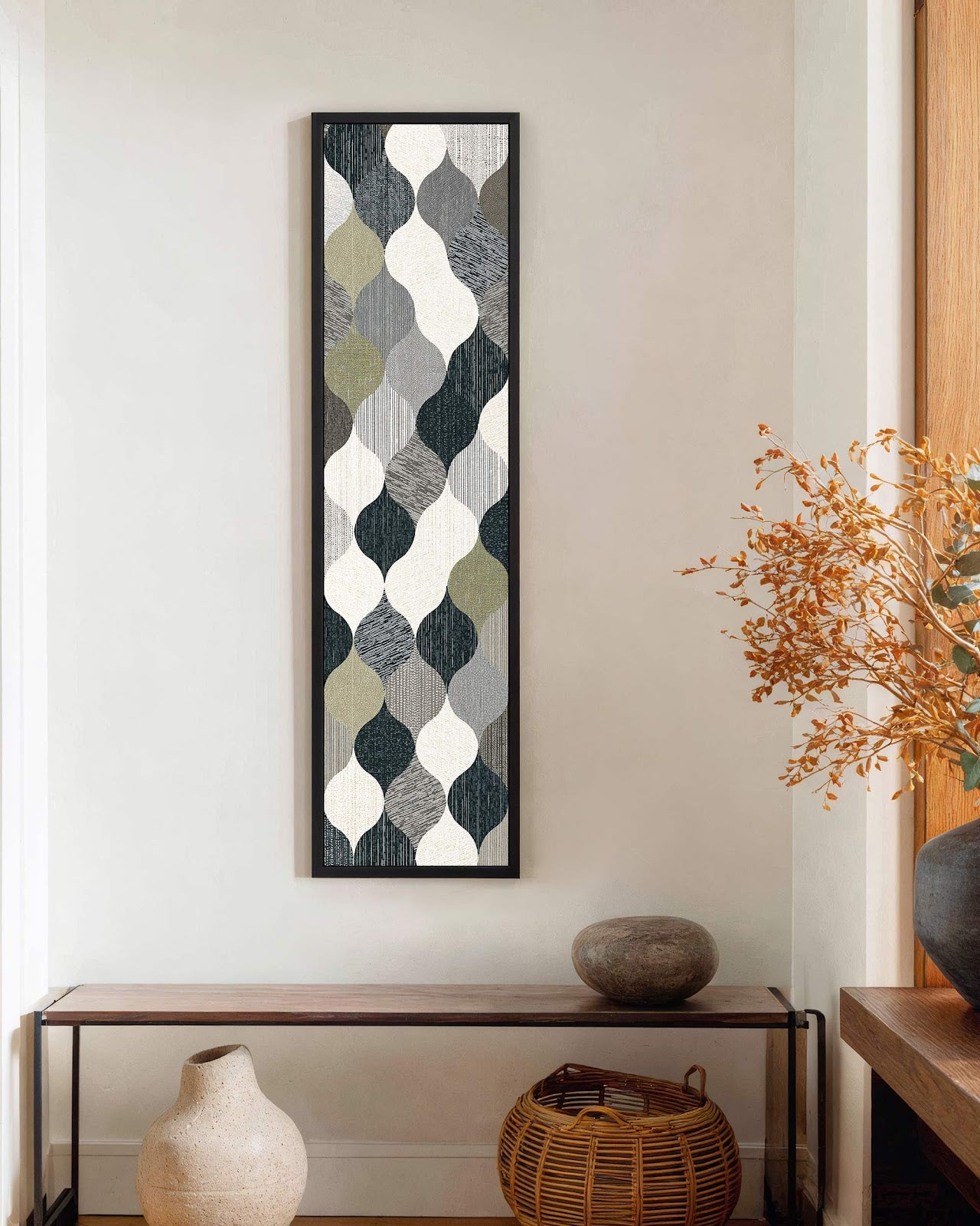 Vertical canvas wall art in interior setting.