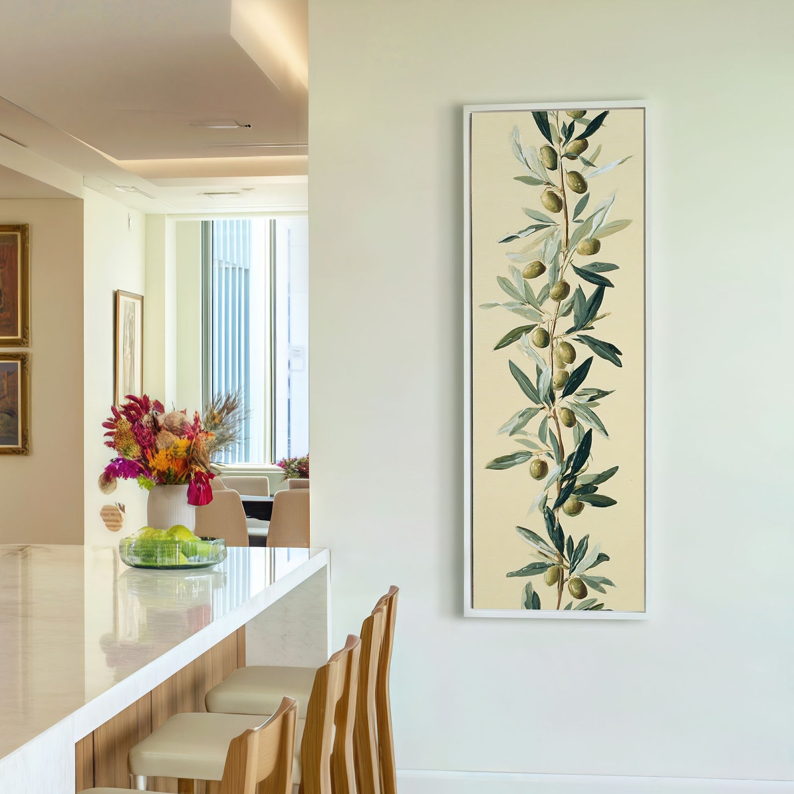 Vertical canvas wall art in interior setting.