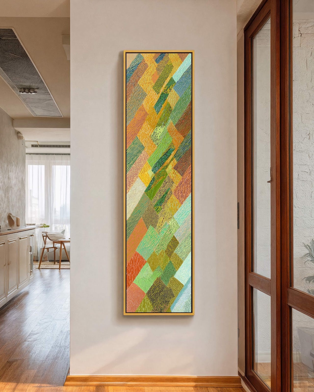 Vertical canvas wall art in interior setting.