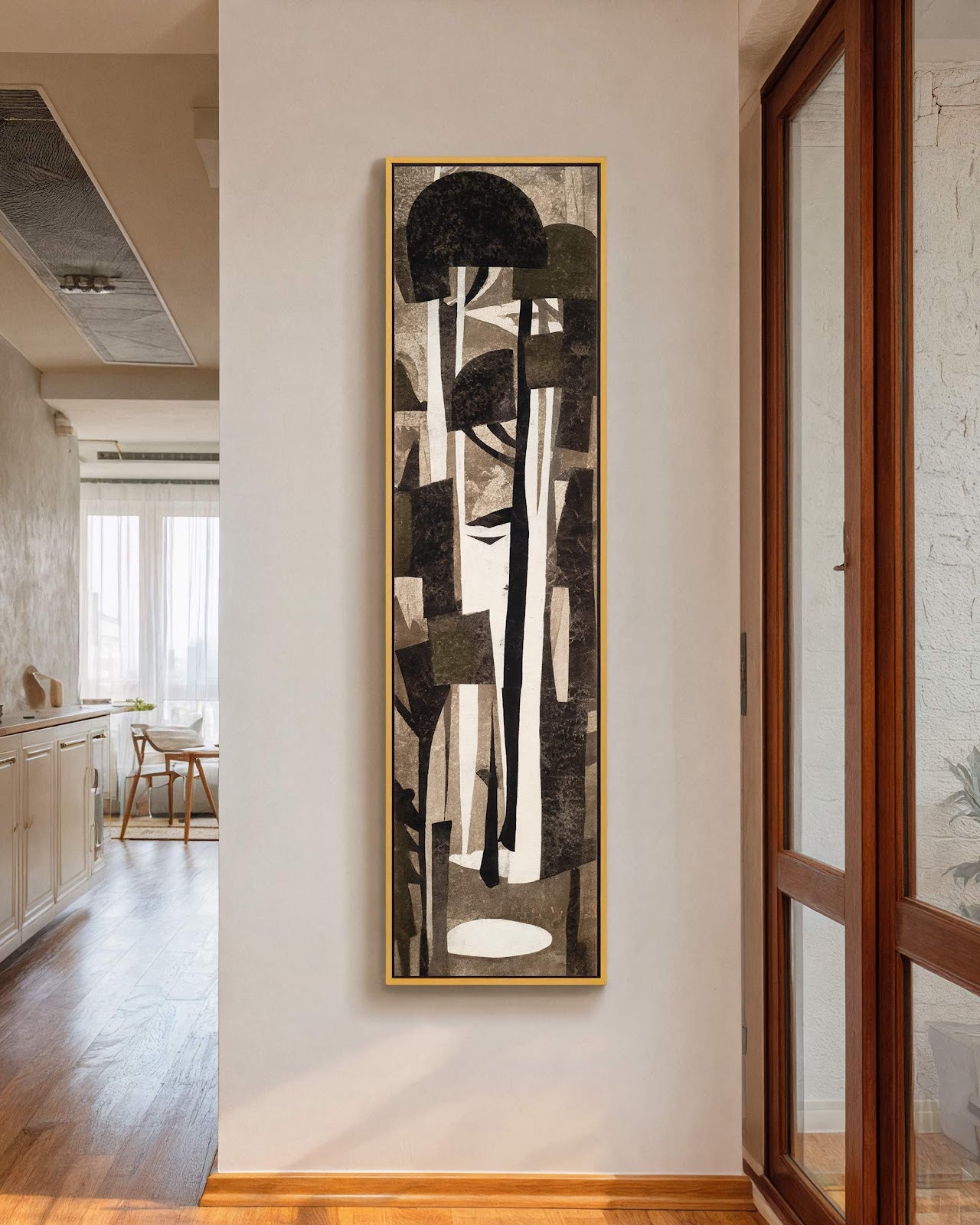 Vertical canvas wall art in interior setting.