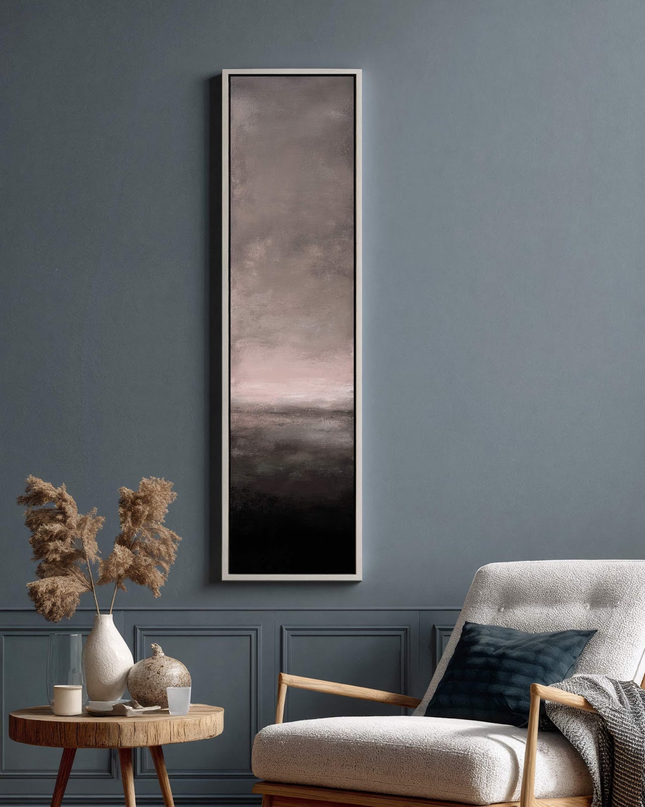 Vertical canvas wall art in interior setting.