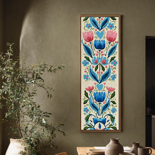 Vertical canvas wall art in interior setting.