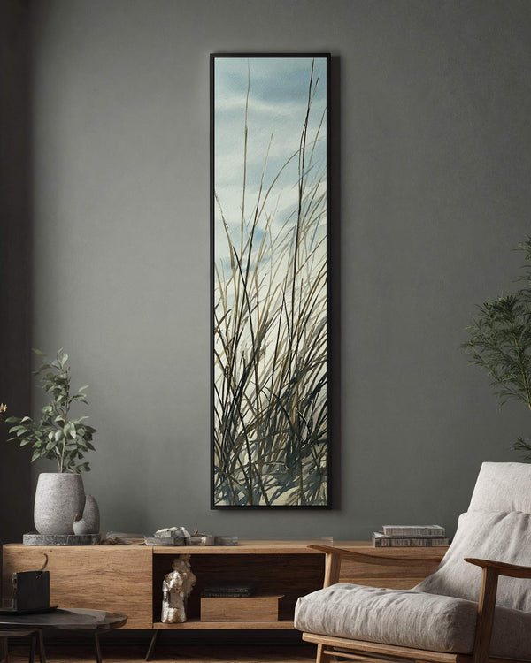 Vertical canvas wall art in interior setting.