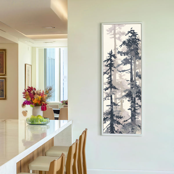 Vertical canvas wall art in interior setting.