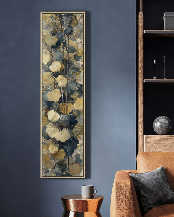 Vertical canvas wall art in interior setting.