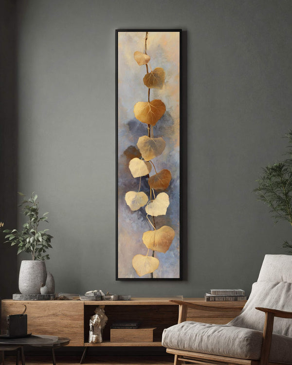 Vertical canvas wall art in interior setting.