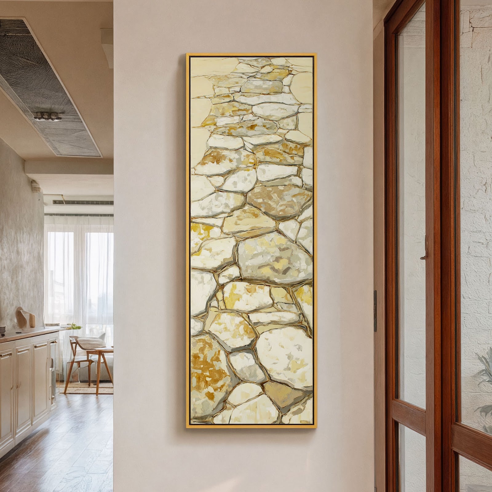 Vertical canvas wall art in interior setting.