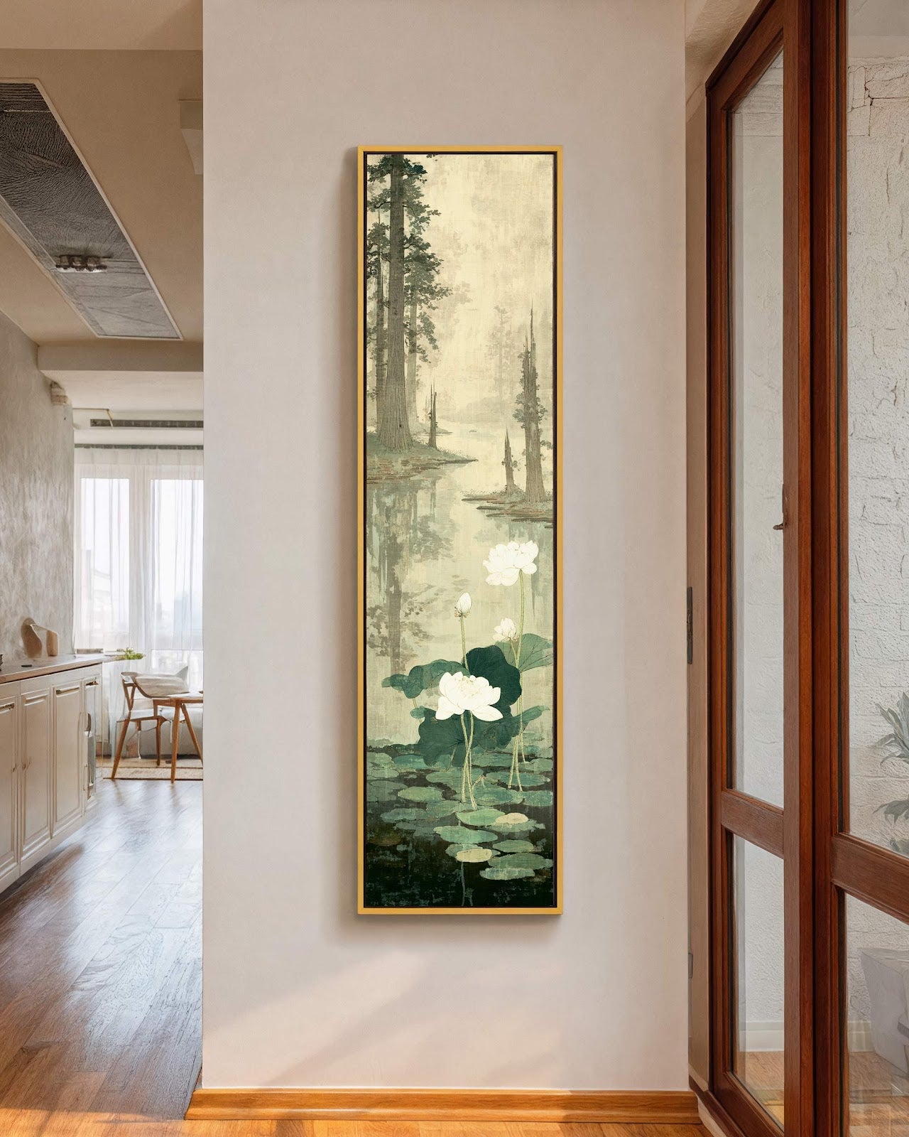 Vertical canvas wall art in interior setting.