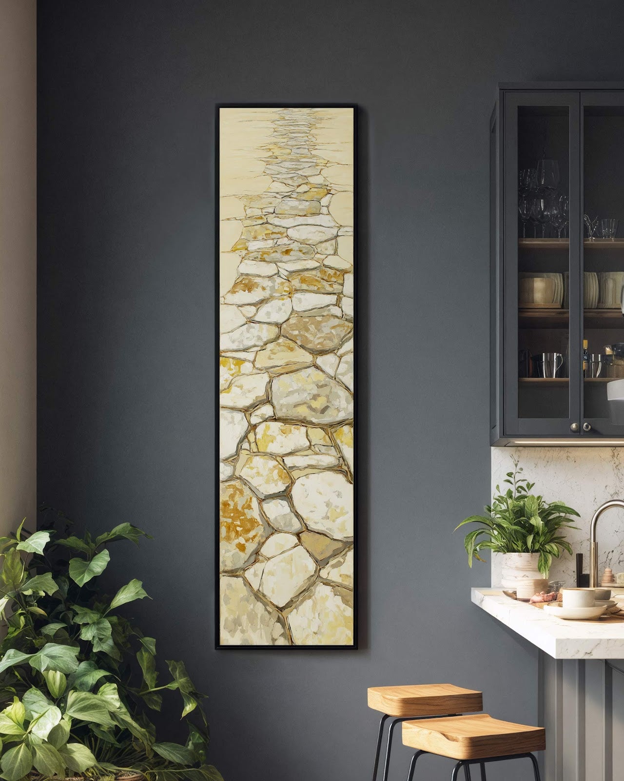Vertical canvas wall art in interior setting.