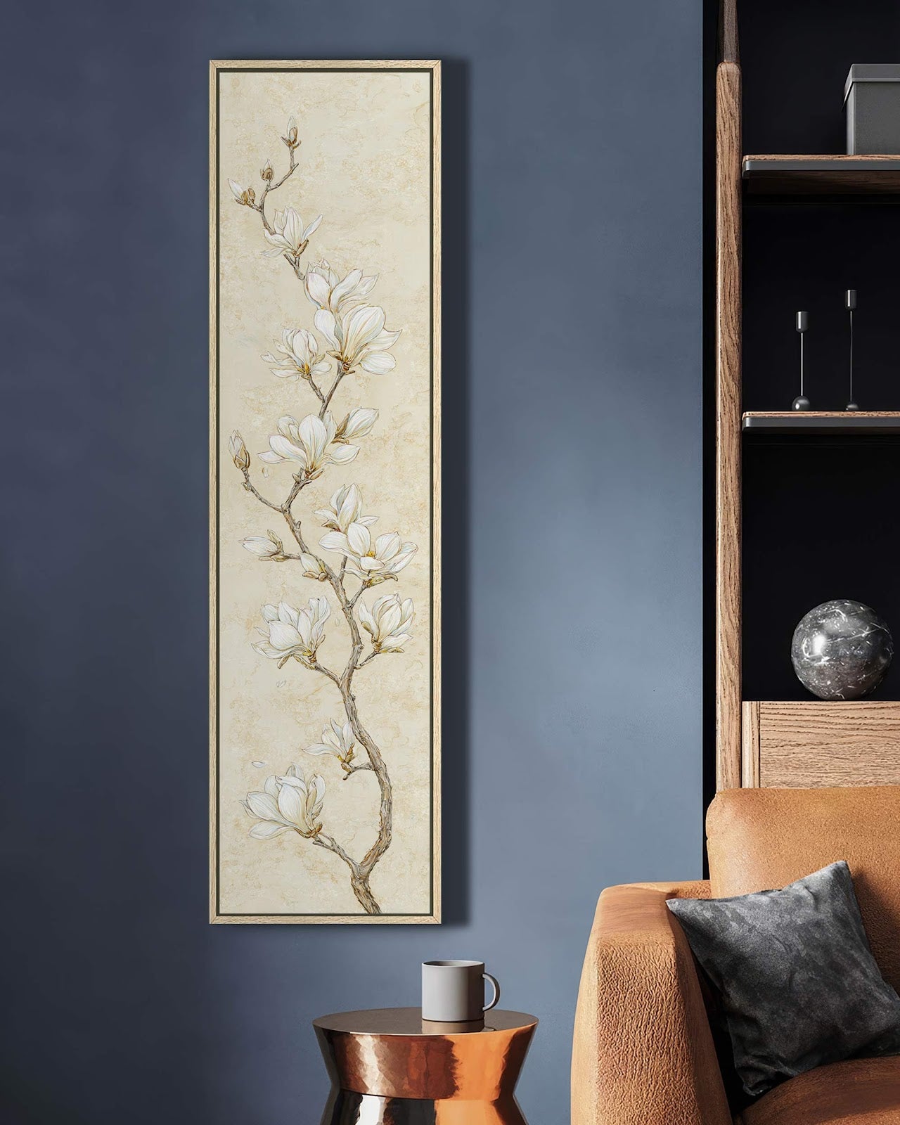Vertical canvas wall art in interior setting.