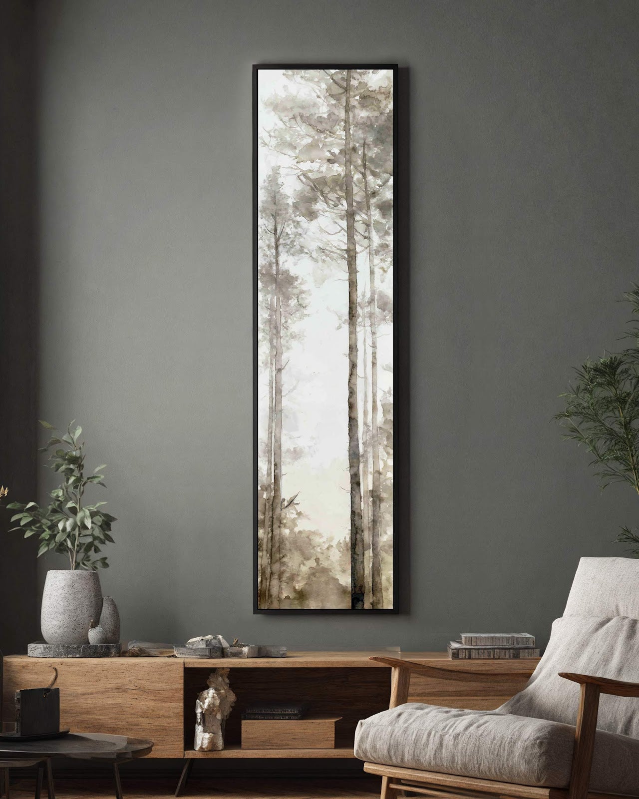 Vertical canvas wall art in interior setting.