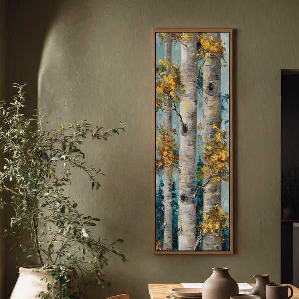 Vertical canvas wall art in interior setting.