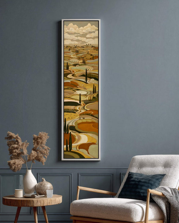 Vertical canvas wall art in interior setting.