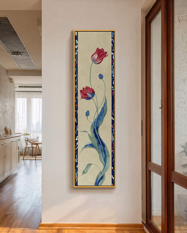 Vertical canvas wall art in interior setting.