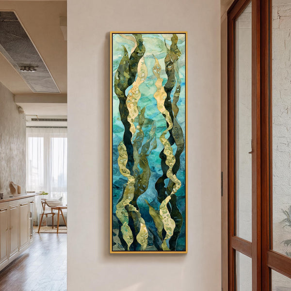 Vertical canvas wall art in interior setting.