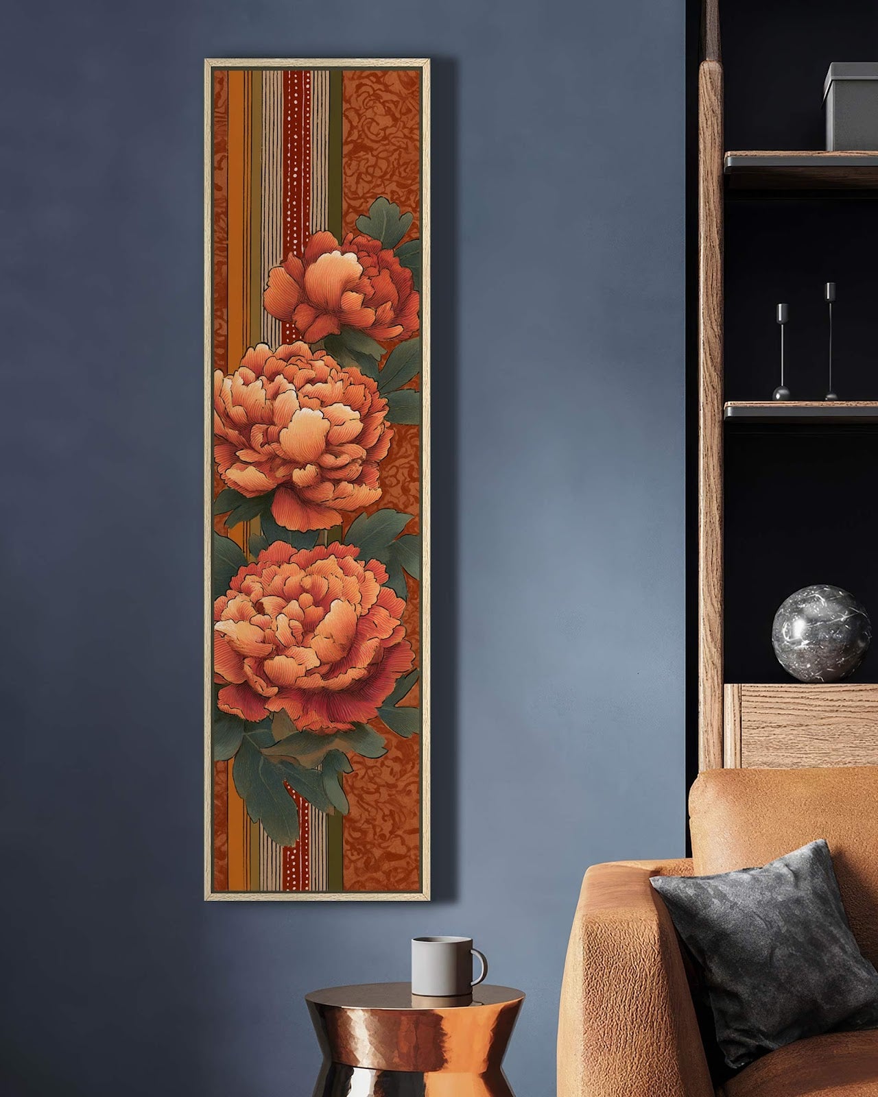 Vertical canvas wall art in interior setting.