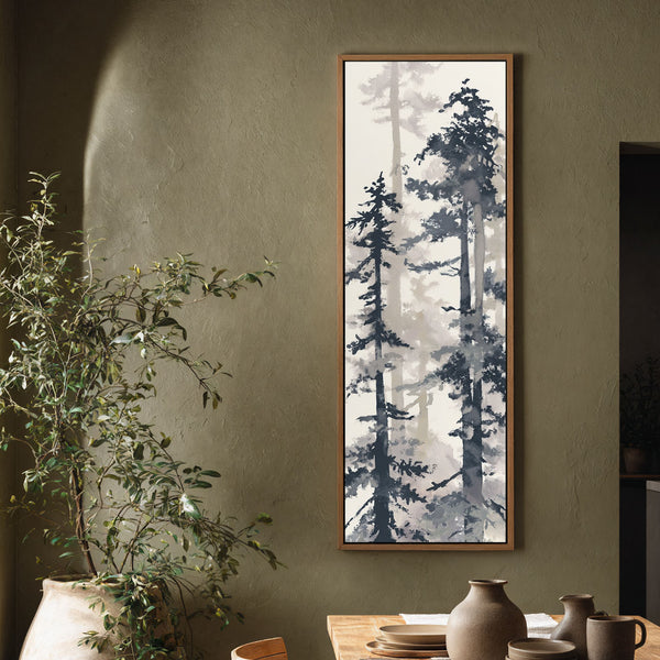 Vertical canvas wall art in interior setting.