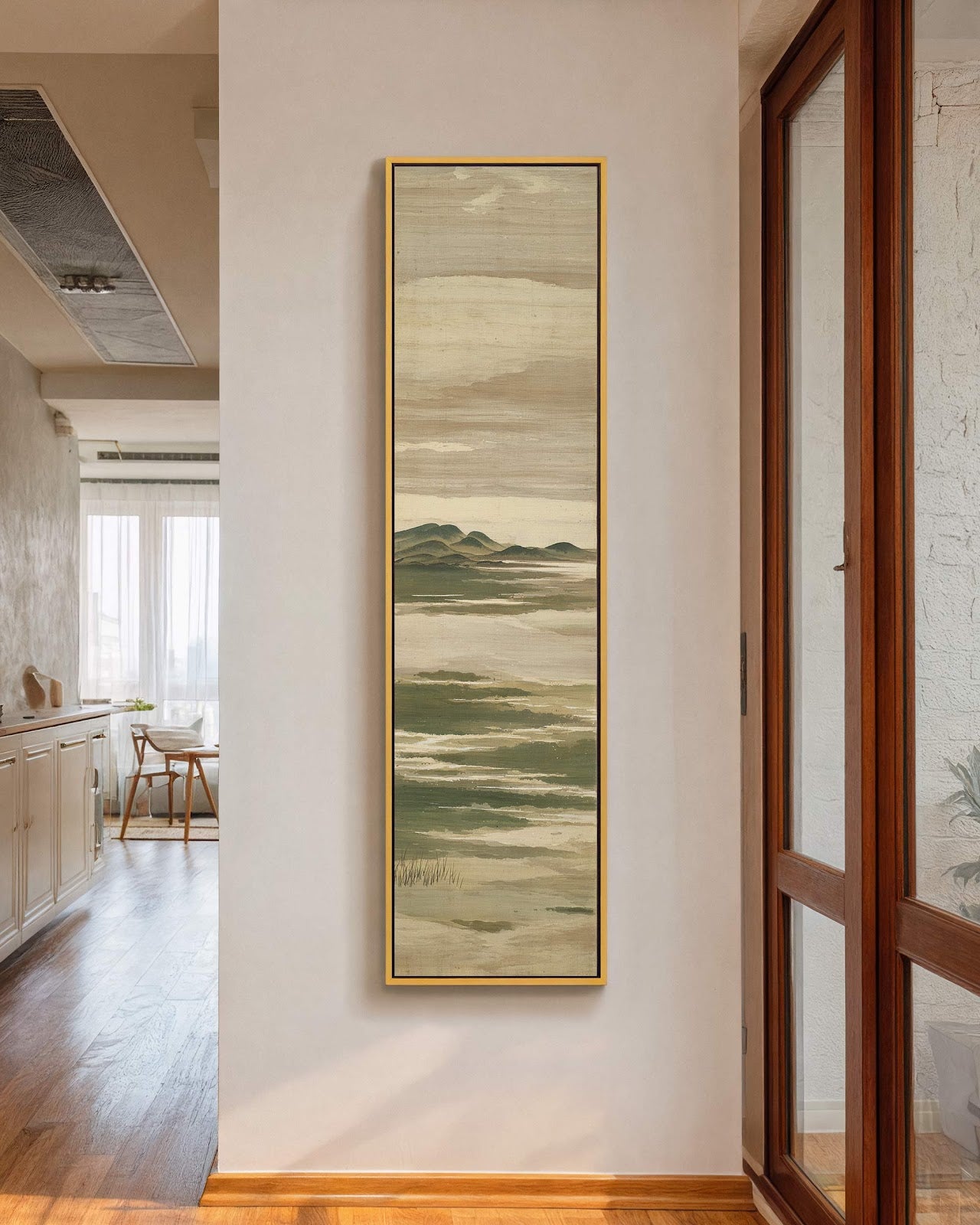 Vertical canvas wall art in interior setting.