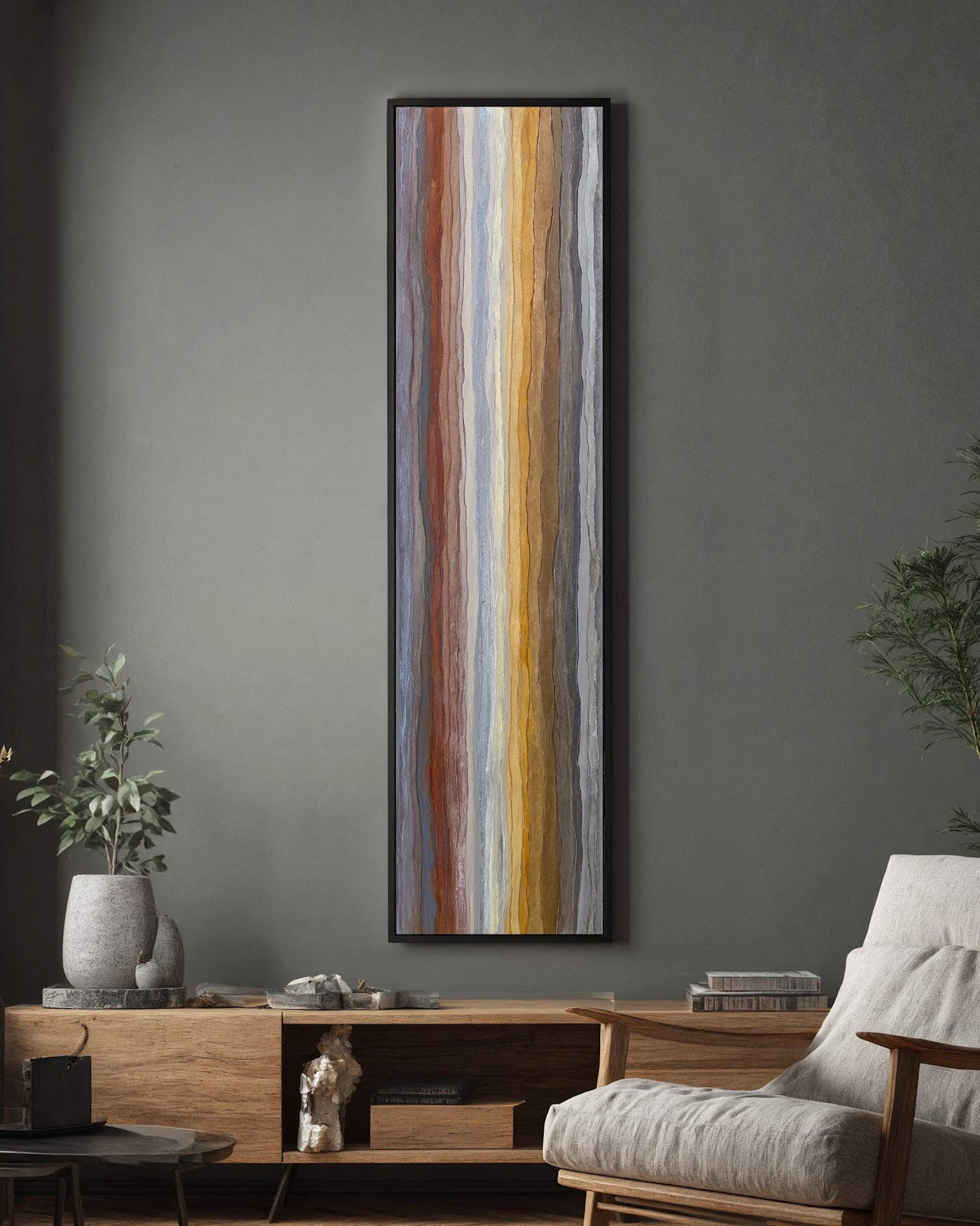 Vertical canvas wall art in interior setting.