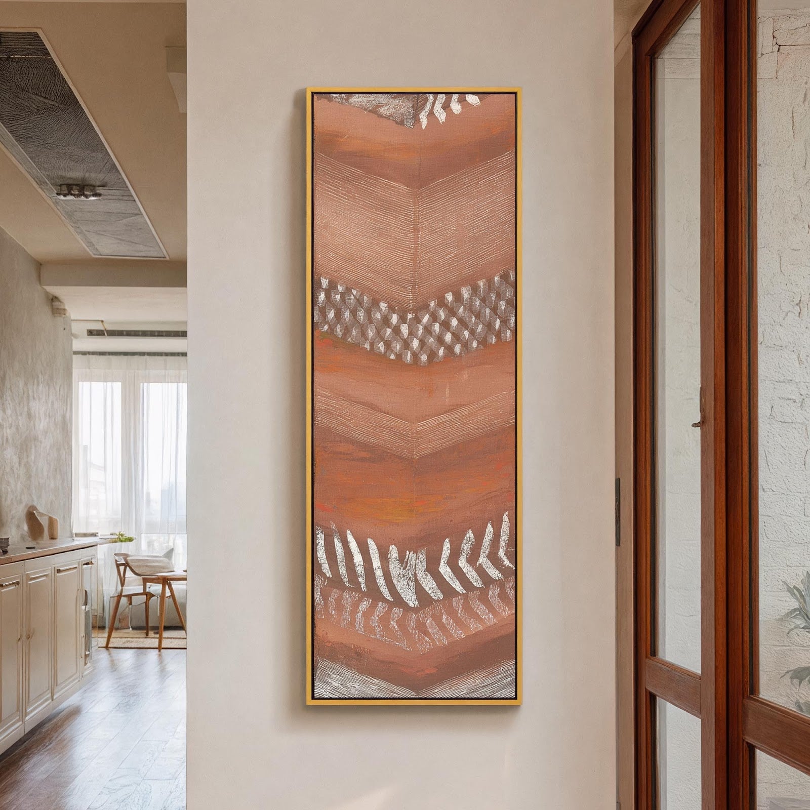 Vertical canvas wall art in interior setting.