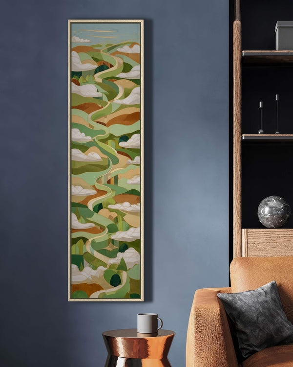 Vertical canvas wall art in interior setting.