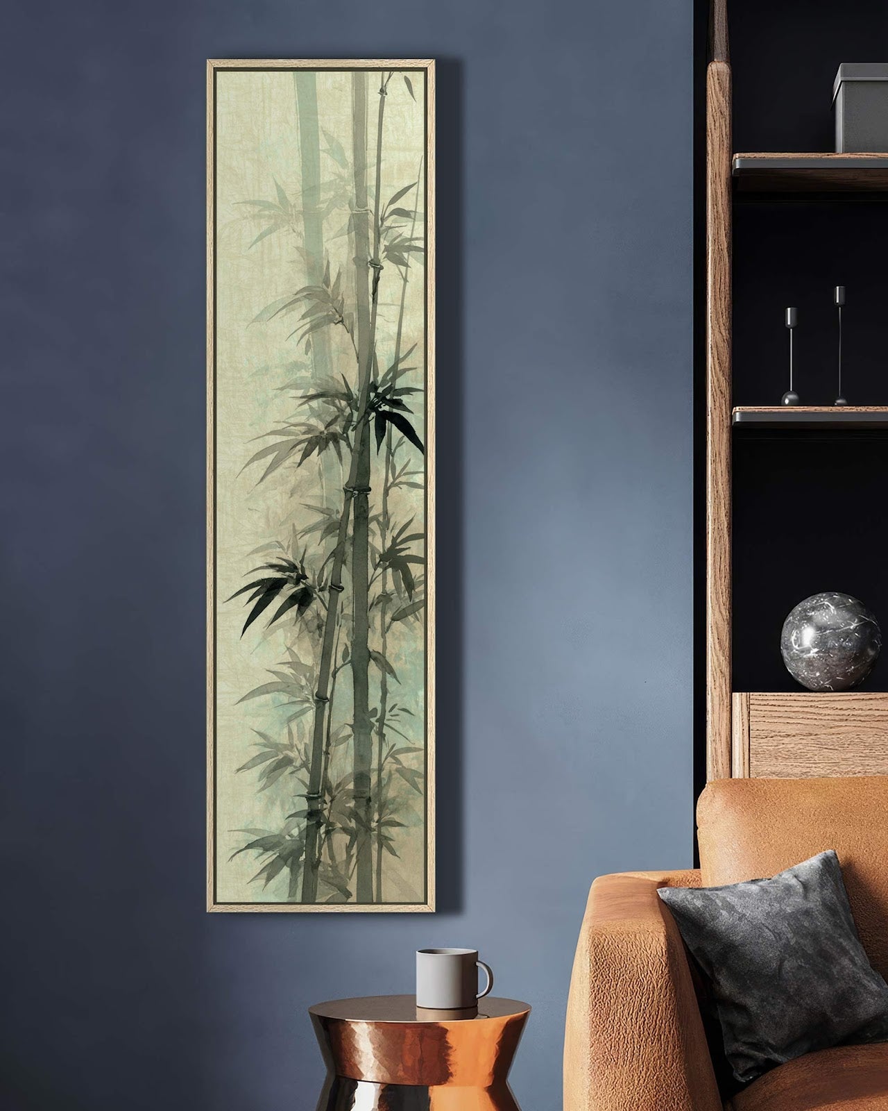 Vertical canvas wall art in interior setting.