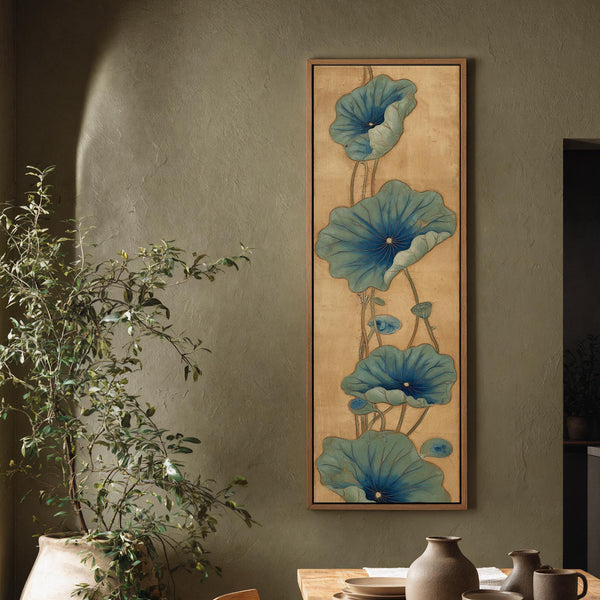 Vertical canvas wall art in interior setting.