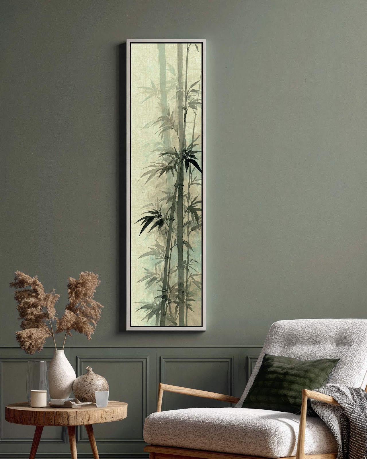 Vertical canvas wall art in interior setting.